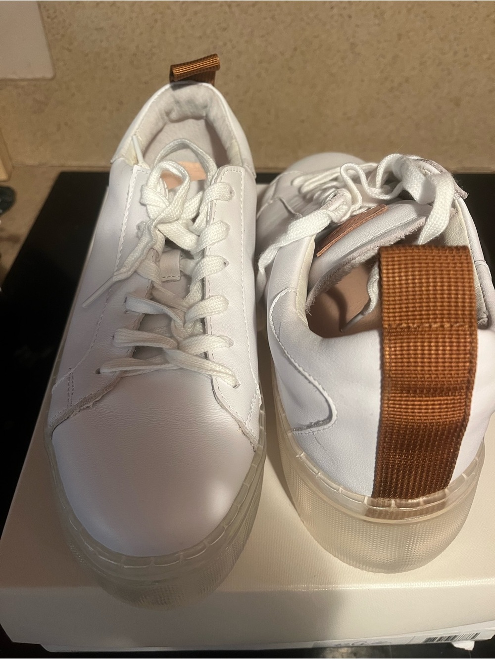 42 GOLD White Sneakers with Brown Pull Tab